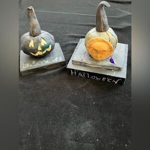 2 Handmade Terracotta Clay pumpkins on Wood Base by Victoria  Heisler